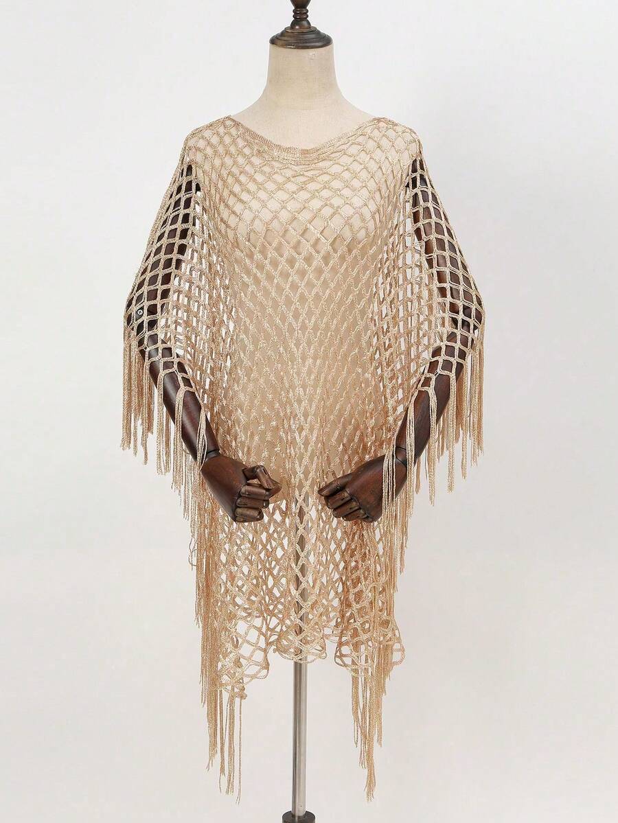 1pc Women's Lightweight Versatile Spring/Summer Knit Hollow-Out Shawl Scarf, Suitable For Beach - Gold - View 1
