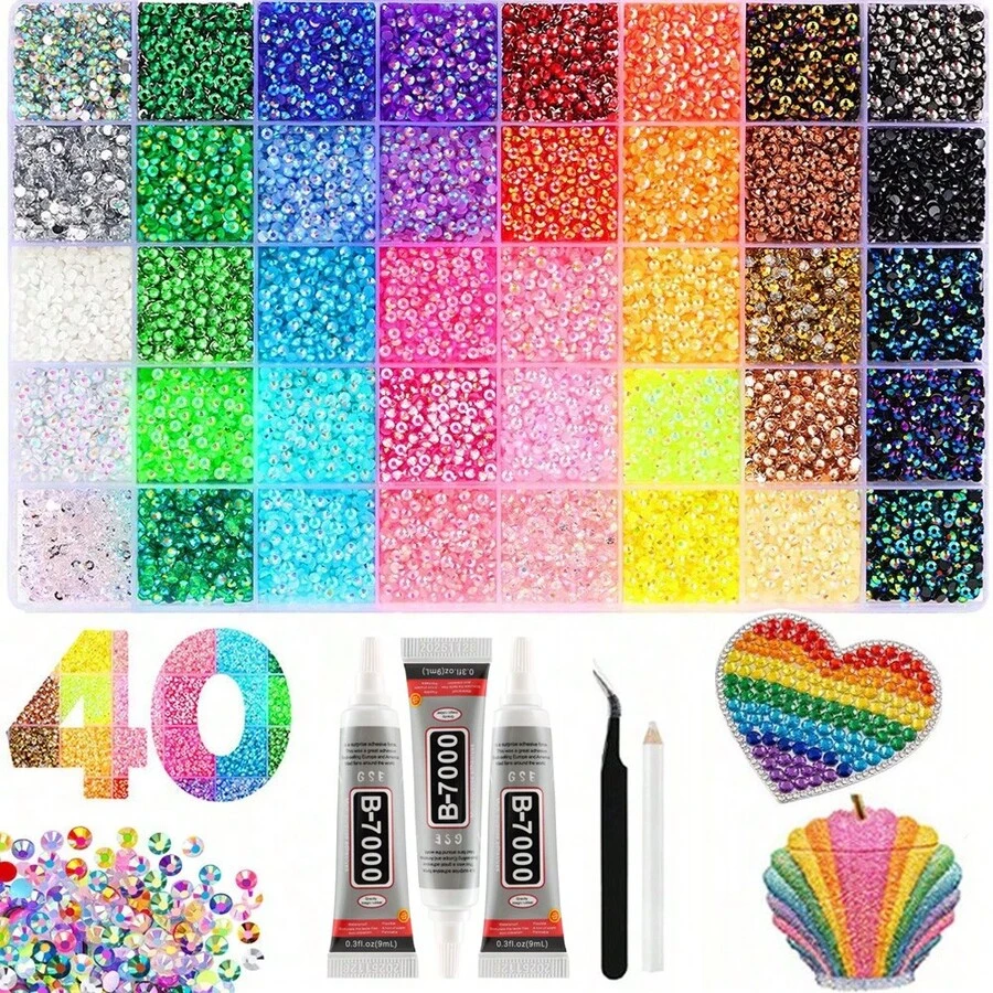 40-Grid Flat Bottom Resin Rhinestone Mixed Color DIY Decoration Set, Includes Tweezers, Dotting Pen, B7000 Glue, Suitable For Handmade DIY Jewelry, Phone Cases, Hats And Other Craft Rhinestone DIY Decorations - Multicolor - View 1