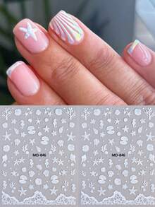 2pcs/Set Ocean Style Nail Stickers - White Laser Starfish & Shell Pattern Summer Nail Art Stickers Self-Adhesive 5D Nail Design Shiny Decorations - White - View 3