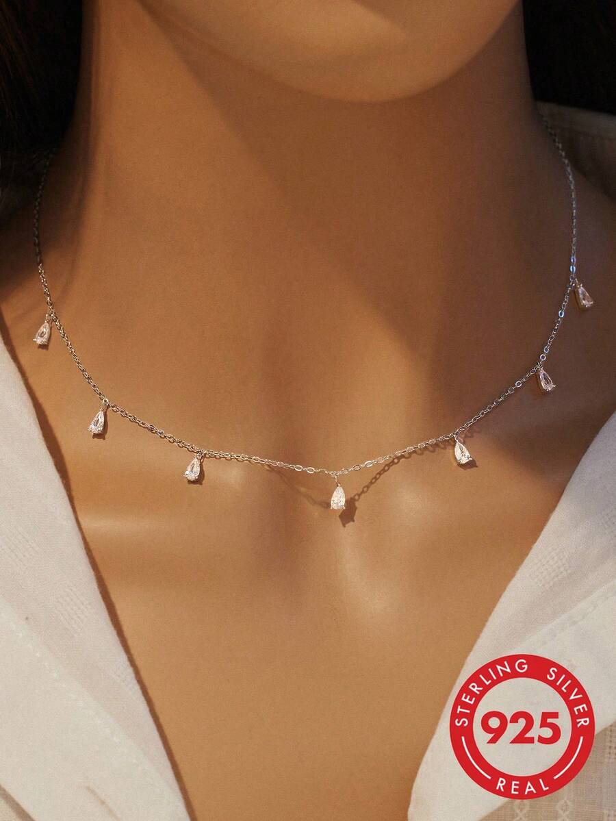 1pc 925 Silver Teardrop Shaped Cubic Zirconia Pendant Necklace Holiday