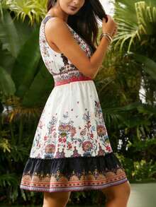 Plus Size Women Floral Print Cinched Waist Ruffle Hem Dress Elegant White - White - View 5