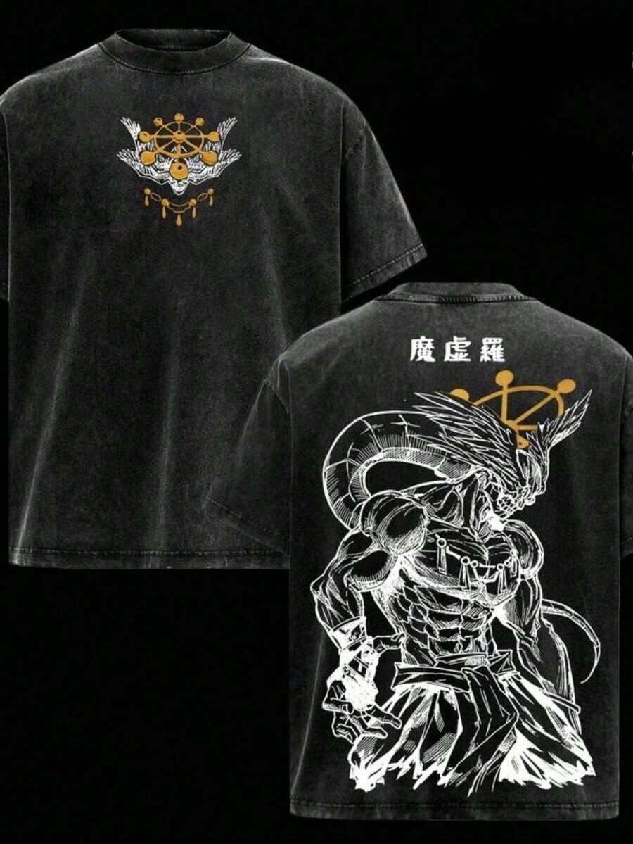 Graphic Cotton-Shirt Anime Print-Shirt2026 Heavy-Duty Washed Cotton Men's Anime-Shirt, Double-Sided Dark Magic Void Anime Pattern-Shirt, Retro Comic Streetwear, Fashion Item Otakus, Y2K Gothic Short Sleeves, Anime Enthusiasts, Summer Casual Top, Holiday Y2K,Oversize Plus Size Men's S To 5XL,Summer Tee - 黑色 - 查看 1