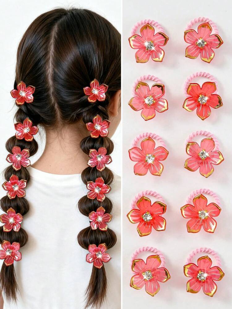 10 st/förpackning mini hårsnoddar med strassblommor för flickor, röda, minimalistiska, söta och ljuva, mångsidiga, skonsamma mot håret, elastiska, lämpliga för daglig användning - Röd - Visa 1