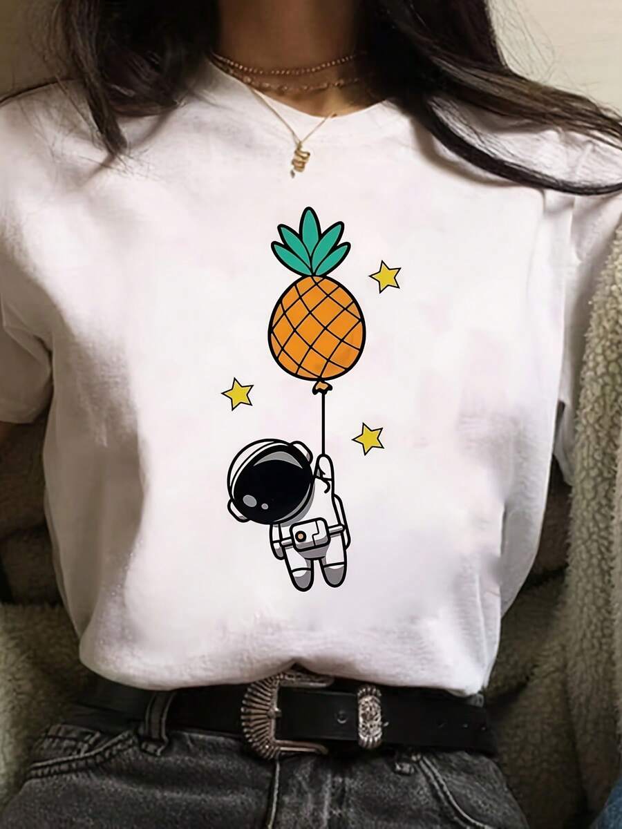 Printed T-Shirt With Cartoon Astronaut And Pineapple Design - 白色 - 查看 1