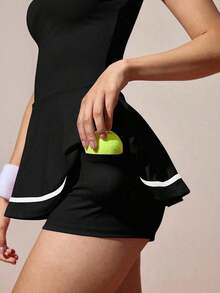CourtClass Vestido deportivo casual de mujer con contraste de color en el cuello y mangas cortas, vestido de tenis de verano negro con bolsillos, vestido de tenis de manga corta para mujer, vestido de tenis, falda pantalón deportiva - Café integral - Ver 11