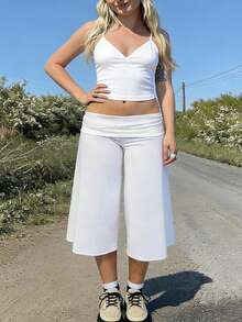Women Fold Over Lounge Capris Casual Loose Fit Wide Leg Low Rise Cropped Flowy Gaucho Pants Comfy Yoga Coluttes Pajama Bottom - White - View 2