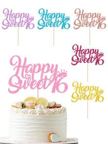 1 pieza Decoración de pastel de 16 cumpleaños feliz y dulce - Corona - Adecuado para pastel con tema de princesa para 16.º aniversario, decoración de fiesta de 16.º cumpleaños - Ver 1