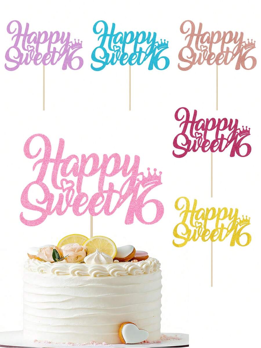 1 pieza Decoración de pastel de 16 cumpleaños feliz y dulce - Corona - Adecuado para pastel con tema de princesa para 16.º aniversario, decoración de fiesta de 16.º cumpleaños - Ver 1
