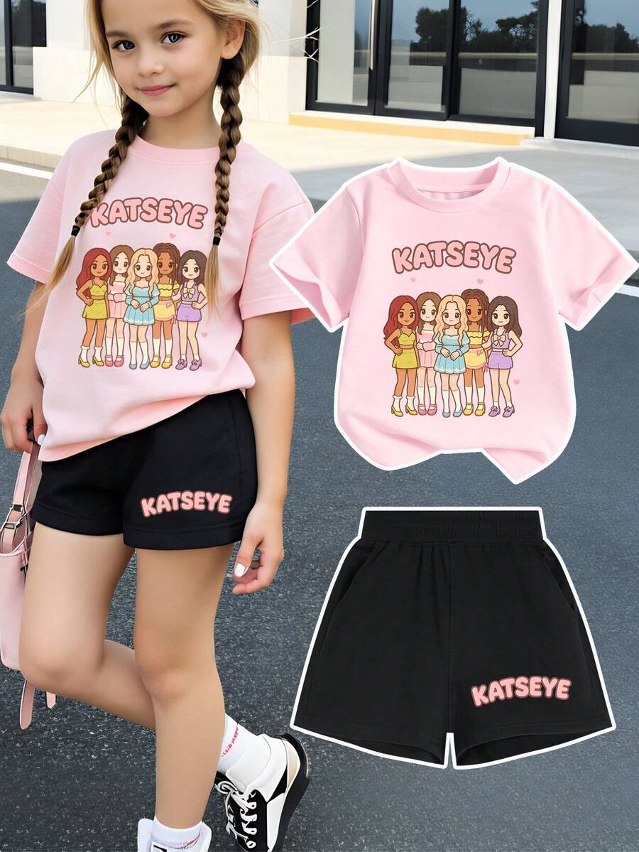 2026 Summer Girls' Short-Sleeved Set, KATSEYE Cartoon Print, Pink T-Shirt, Black Shorts, Round Neck Top, Casual Sportswear Set, Two-Piece Set - 淺粉色 - 查看 1