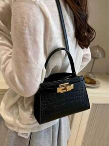 Mini Fashionable Solid Color Flap PU Handbag - Black - View 3