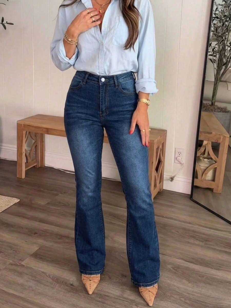 Quần jeans ống loe bó sát, rách, co giãn dành cho nữ - Rửa tối - Xem 1