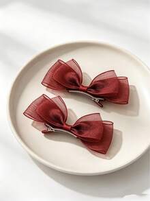 2pcs Mesh Layered Elegant Mesh Bow Hair Clips, Cute Side Bangs Hair Clips, Sweet Bow Clips For Girls - A - View 9