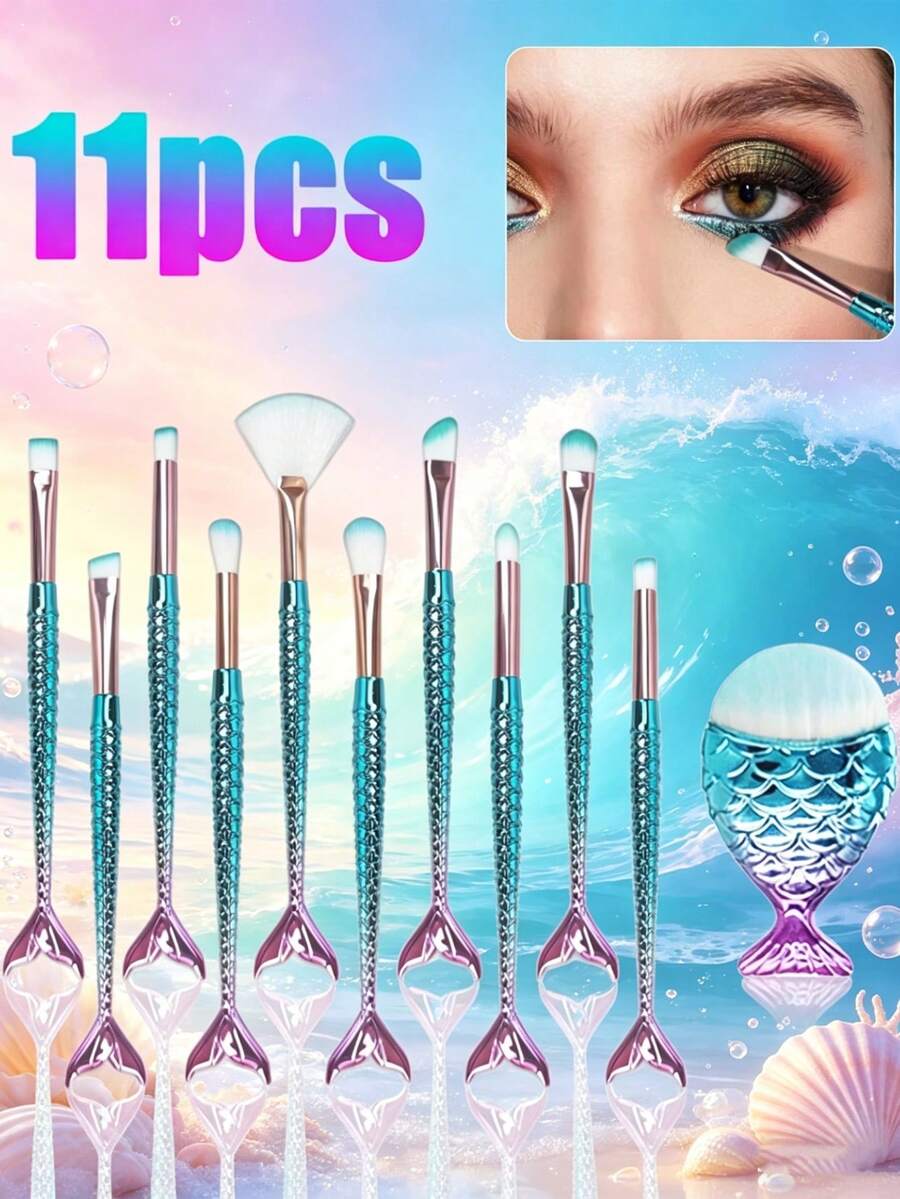 Bộ cọ trang điểm nàng tiên cá 11 món, cọ tán phấn mắt, phấn phủ, highlight và má hồng dành cho bé gái, bộ dụng cụ trang điểm mềm mại, phù hợp cho người yêu thích trang điểm và làn da nhạy cảm, cán cọ hình vảy cá 3D bóng bẩy, chất liệu nhựa bền chắc. - Nhiều màu - Xem 1