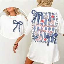 American Honey Coquette 4th Of July T-Shirt, Memorial Day Women's T-Shirt, Vintage USA T-Shirt, Independence Day T-Shirt, Land Of The Free, America 4th Of July T-Shirt, 4th Of July T-Shirt For Women, 4th Of July, 4th Of July T-Shirt, Unisex 4th Of July T-Shirt..Summer Clothing For Women - White - View 7