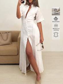Elegant Linen Casual Commute Minimalist Office Daily Linen Dress, Summer Dresses, Elegant Dresses For Women, Casual Dresses For Women, White Dress - White - View 4