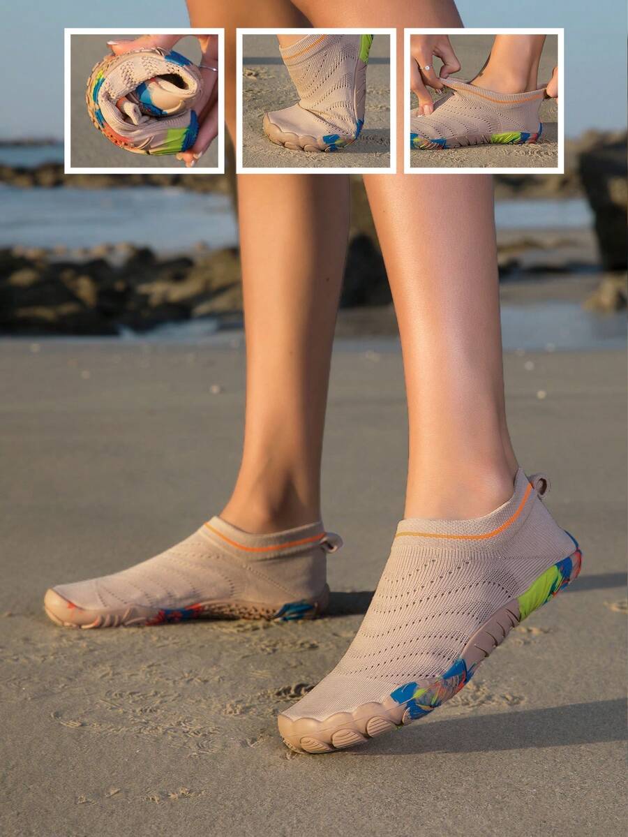 女士夏季户外低帮沙滩徒步鞋,速干沙滩袜,防滑轻便水鞋,适合海滩度假、露营、派对、音乐节、冲浪、游泳 - 卡其色 - 查看 1