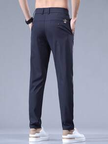 Men's Summer Letter Embroidered Pocket Straight Leg Thin Casual Pants - Royal Blue - View 4