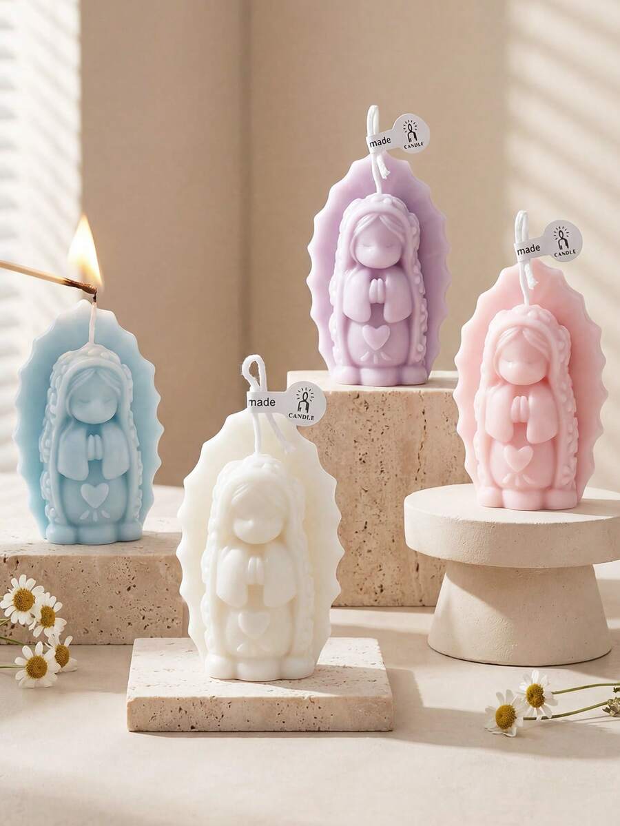 1/4 Paquet de bougies en cire de soja mignonne en forme de cœur avec Vierge Marie, disponible en blanc ivoire, bleu clair, pêche douce et lavande pâle. Décoration d'intérieur, cadeau de fête des mères à la mode, cadeau de remise des diplômes 2026 (pour elle), décoration de bureau, centre de table de mariage, bougie de prière catholique, bougie d'aromathérapie de méditation, décoration d'autel, baptême/confirmation, cadeau pour maman, petite amie, épouse