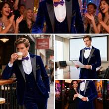 Men's Luxury Velvet 3-Piece Suit, Satin Lapel Blazer, Waistcoat & Dress Pants Set For Evening Gala Party - 寶藍色 - 查看 7