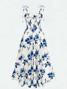Women's Retro Blue & White Porcelain Print Long Dress, Spaghetti Strap Sleeveless Design, Waist Pleated Summer Elegant - Blue - View 3