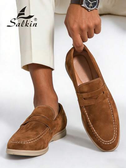 Salkin Luxury Men Penny Loafers, Solid Faux Suede Casual Men's Shoes, Soft, Breathable, Non-Slip, Wear-Resistant Outsole, Fashion Elegant Gentleman Shoes For Business, Party, Wedding, Graduation, Spring/Summer/Autumn, Runs Large, Suggest Ordering One Size Down