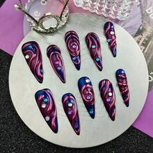 10 PCS Of Handmade Press On Fake Nails, Cyberpunk Wearable Nails, Finished Nail Art, Long Pointed Adhesive Fake Nails With Butterfly Patterns, Creating A Bold Futuristic Look, Reusable, Simulation Style, Artificial Nails, Suitable For Weekend Parties And Giving Gifts To Friends..Super Explosive Product Halloween - 中紫紅色 - 查看 11