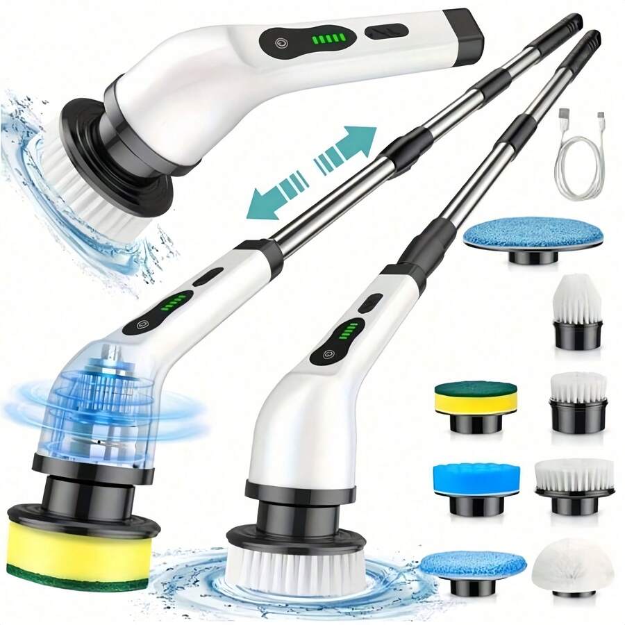1 Piece Multifunctional Electric Cleaning Brush With Long Handle, Telescopic Extension Rod For Home Use, For Cleaning The Kitchen, Bathroom, And Toilet. Includes 7 Brush Heads For Different Cleaning Scenarios.