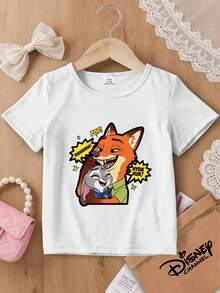 One Disney Zootopia Kids T-Shirt With Nick And Judy Cartoon Print. White Short-Sleeved Top For Boys And Girls. This Baby Girl Outfit Is Suitable For Everyday Wear, Versatile And Breathable, Perfect For Spring And Summer, Vacations, Outdoor Activities, Amusement Park Wear, And Makes A Great Gift For Children. - 白色 - 查看 9