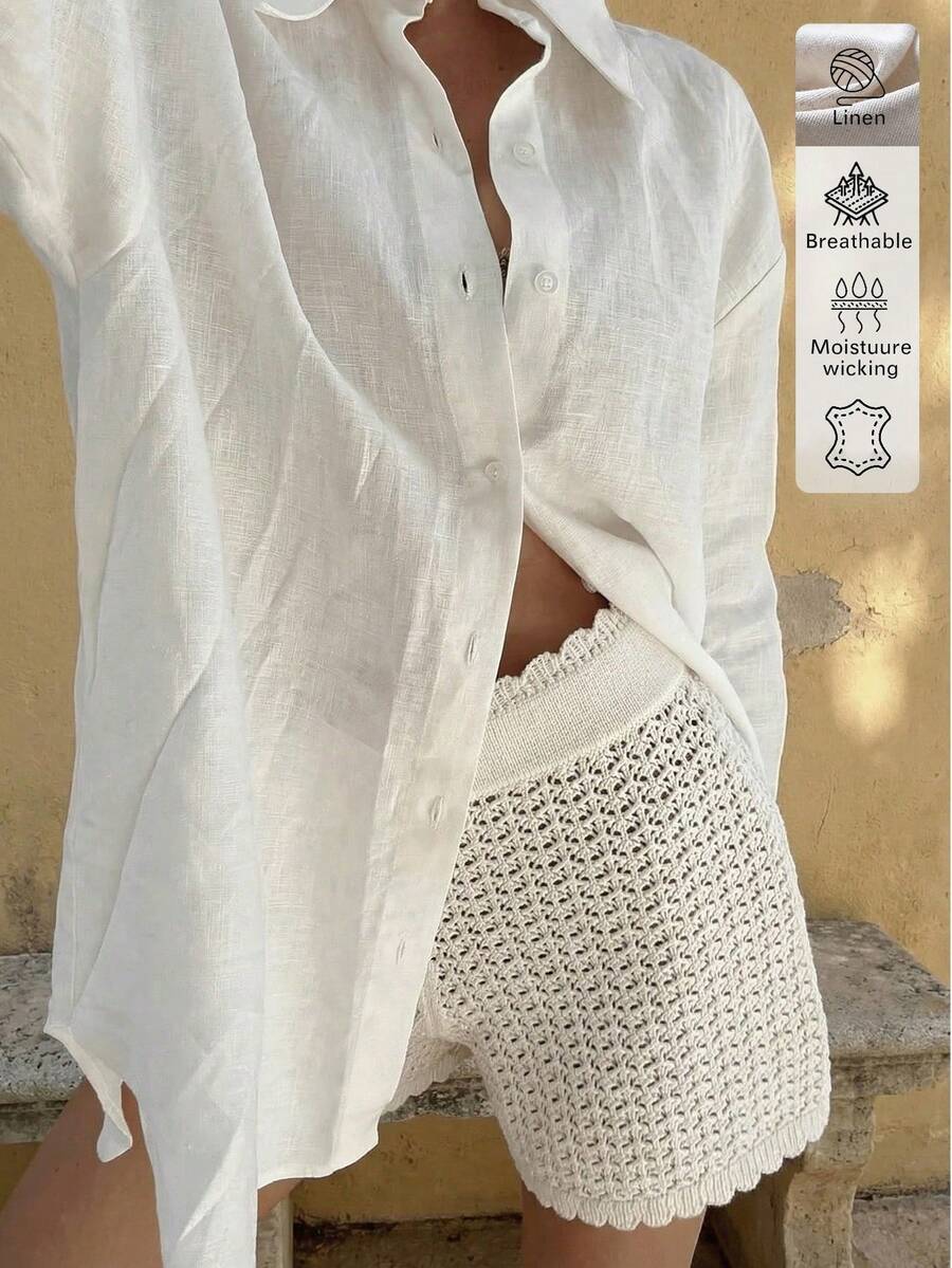 Glamful Linen Solid Color Button Front Casual Shirt, Suitable For Vacation, Office, Travel, Summer Holiday Outfits, White Blouse - White - View 1