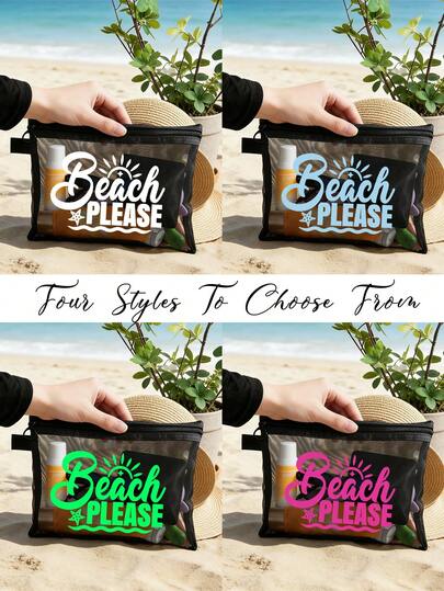 沙滩主题网眼化妆包，印有“沙滩”字样，沙滩主题设计，适合旅行，彩色海星图案网眼洗漱包，购物旅行包，拉链旅行化妆品收纳包，多功能洗漱包，收纳包，便携式洗漱用品收纳包，珠宝配饰收纳包，旅行必备品，理想的母亲节礼物，家用或旅行小物件收纳袋，送给家人、朋友、学生和爱人的好礼物。旅行必备品