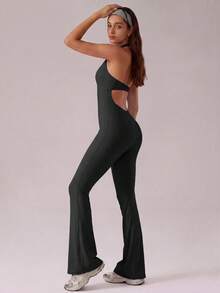 Women's Halter Neck Yoga Jumpsuit Lace Patchwork V Neck Removable Pads Hollow Out Backless, Sleeveless Tummy Control Casual Solid Color High Stretch Workout Utitard One Piece Jumpsuit For Y2K Yoga Gym Sports Dailywear, Ladies Sportswear All Seasons - 黑色 - 查看 2