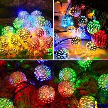 LED太阳能摩洛哥风格串灯 - 8种灯光模式,空心金属球造型,深雕摩洛哥图案,适用于花园、庭院、圣诞节、生日派对和婚礼,温暖多彩 - 彩色 - 查看 7
