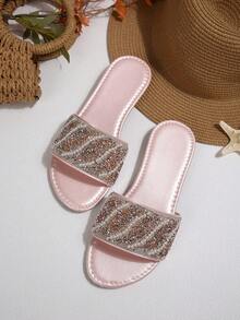 Giày sandal đế bằng mũi vuông mới cho nữ mùa xuân/hè, dép lê đính đá thời trang dự tiệc, màu đen-trắng-hồng, cỡ lớn 41-43, kiểu dáng gợi cảm, dễ phối với váy. - Hồng - Xem 7