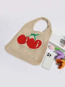 New Summer Hollow Out Shoulder Bag, Pink Knitted Bag, Handmade Crochet Fashion Beach Minimalist Tote Bag, Cherry Print Crochet Large Capacity Travel Shopping Handbag For Women - Multicolor - View 4