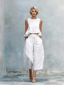 2026 New Summer Women Linen Blend Two Piece Set Ruffle Detail Casual Loose Beach Vacation Outfit - Màu cam đỏ - Xem 10