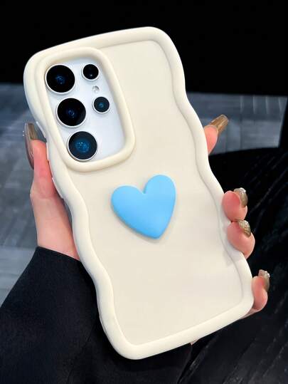 1pc Cute Cream White Wavy Edge Phone Case, 3D Heart Color-Block Design Shockproof Protective Cover, Anti-Slip & Scratch-Resistant, Compatible With Samsung S20/21/22/23/24/25 Series, Note 14/13/12 Series, International Version, Not Local Version, Great For Birthday, Festival, And Mother's Day Gifts