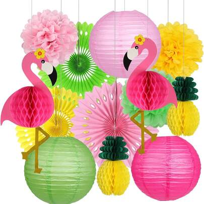 Bộ 13 món đồ trang trí tiệc Hawaii, trang trí tiệc Luau hình chim hồng hạc và dứa, đèn lồng giấy hình tổ ong cho tiệc mừng em bé, sinh nhật, tiệc bể bơi, mùa hè, tiệc bãi biển nhiệt đới.