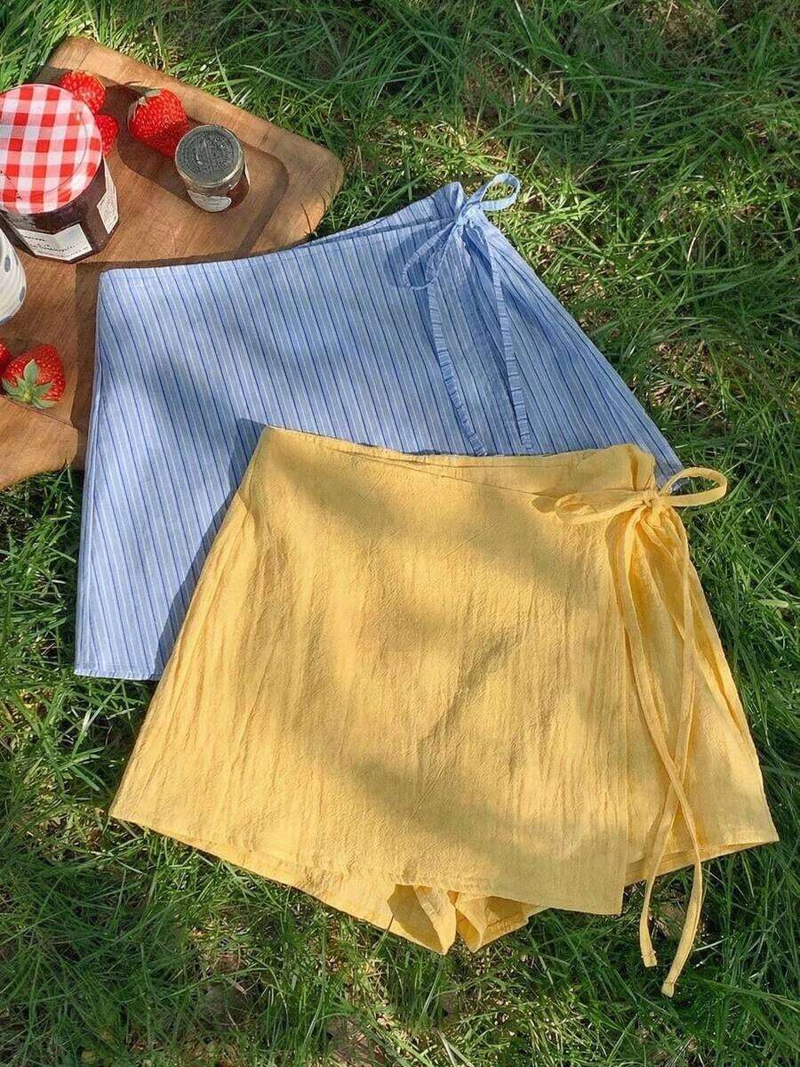 Falda Pantalón Mujer Envolvente Con Lazito Lateral Ajustable, Diseño Doble  Anti Deslizante Interior, Tejido Suave Fresco Transpirable Texturizado, Estilo Primaveral Dulce Ideal Para Verano, Picnics, Vacaciones Y Looks Casuales Urbanos - Multicolor 2 - Ver 1