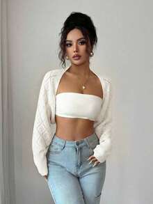 Bolero de punto para mujer, color blanco, manga larga holgada, ideal para combinar con tops y vestidos en primavera y verano - Blanco 2 - Ver 5