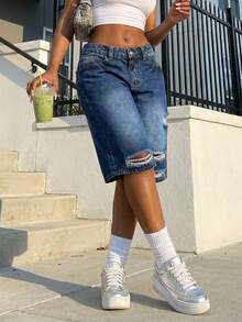 Women's Denim Knee-Length Shorts With Distressed Detail & Whiskering Retro Elegant Design Casual Versatile Outing Shorts - Rửa tối - Xem 1