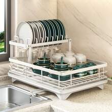 1 pieza Escurridor de platos, escurridor de platos ahorra espacio, escurridor de platos para encimera de cocina, escurridor de platos de acero inoxidable con soporte para utensilios, adecuado para tazones, platos, cuchillos, cucharas y tenedores - Negro - Ver 12