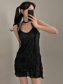 韓系時尚法式甜美風抓皺綁帶細肩帶休閒修身背心洋裝 優雅黑色夏季款 - 黑色 - 查看 3