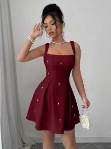 Vestido casual de mujer con parches de unicolor, tirantes anchos y cuentas - Burdeos - Ver 4