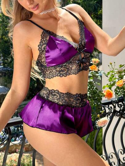2pcs Women Sleepwear Set, Hollow Out, Spring/Summer, Spaghetti Strap, Sexy Lace Camisole & Shorts, Summer Pajamas, Bridesmaid Sleepwear