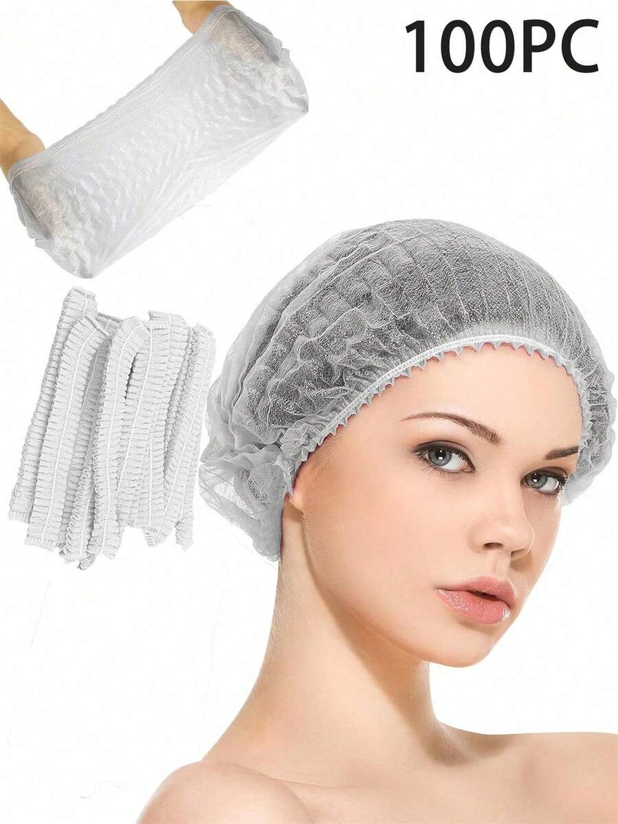 100pcs Disposable Non-Woven Shower Cap, Unisex, Suitable For Food Service, Salons, Kitchens, Etc. - White - View 1