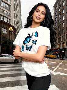 Chic Butterfly Design T-Shirt - Short Sleeves, Round Neck, Soft, Comfortable And Breathable, Ideal For Spring And Summer-X - White - View 9