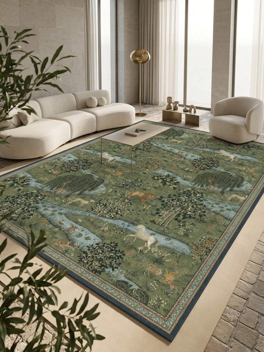 1 pezzo Tappeto da area in stile vintage americano di campagna - Disegno di pittura ad olio con alberi, fiume, animali selvatici, tappeto in finta lana morbida per bagno, cucina, ingresso, corridoio, comodino, soggiorno, camera da letto, lavabile in lavatrice, decorazione per la casa - Multicolore - Visualizzare 1