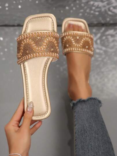 Women's Flat Sandals, Summer Pearl & Rhinestone Decor, Solid Color Open Toe, Comfortable Outdoor Elegant Daily Beach Slippers