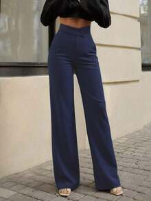 Pantalones rectos negros elegantes y casuales para mujer, pantalones de verano con cintura asimétrica en V para acentuar las curvas, adecuados para la escuela, el uso diario, el trabajo, las citas y las vacaciones de primavera - Azul - Ver 2