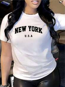 Talla unisex.Camiseta de algodón de talla grande de verano para mujer.Printed T-Shirt with New York Letters, Short Sleeve, Round Neck, Casual Top for Summer And Spring, Women'S ClothingMaterial absorbente del sudor, suave y agradable para la piel. - Blanco - Ver 1